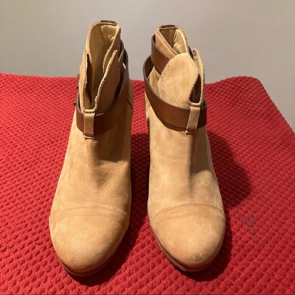 RAG & BONE Sz 39.5 Harrow Tan Suede & Leather Accent 3.5” Heel Ankle Booties - Picture 2 of 12